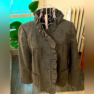 J Crew Fiona gray wool herringbone blazer with ruffle.